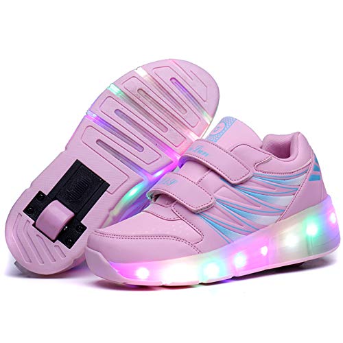 Pink and blue flashing and lighted LED trainers for girls with wheel