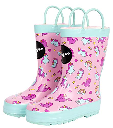 Pink and blue rain boots with unicorn and rainbow print for little girls by Fringoo