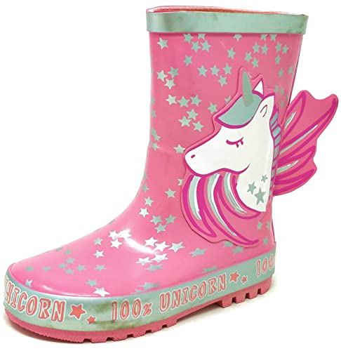 Pink and green unicorn rain boots for toddlers and little girls with embossed mane