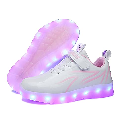 Pink and white girl's led light up sneackers with USB charging