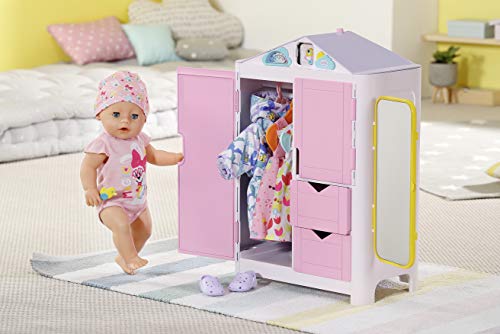 Pink and white plastic wardrobe for babydoll's clothes Babyborn, 43 cm high, with drawers and hanging space