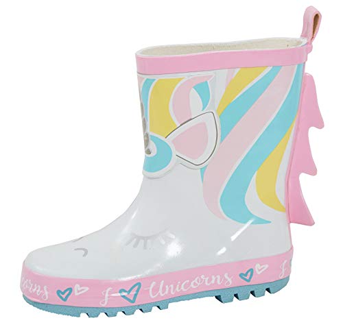 Pink and white unicorn rain boots for toddlers and little girls with embossed mane 