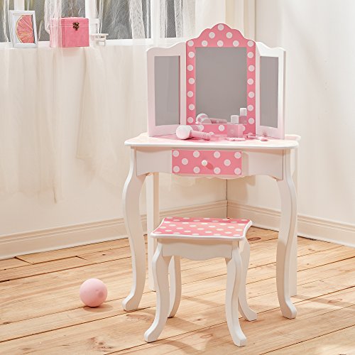 Pink vanity with gold dots in solid wood for a girl's room made of MDF panels, eco-responsible