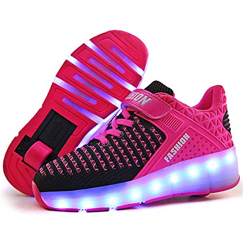 Pink fuchsia, flashing and lighted Led trainers for girls with double wheels