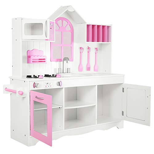 Pink and white wooden kitchen large playset for girl