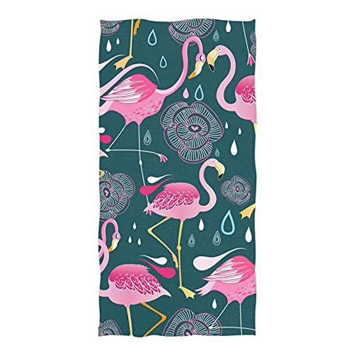 Blue and pink microfiber beach towel for girl with pink flamingo pattern