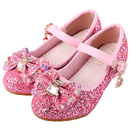 Pink glitter princess shoes with low heel and jewel