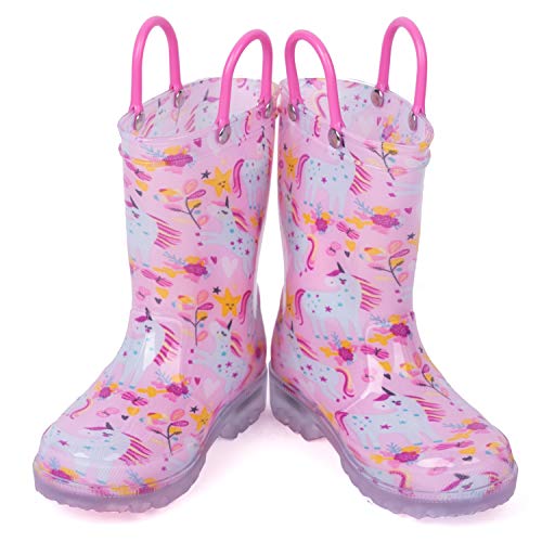 Pink rain boots with unicorn print for little girls with easy handles