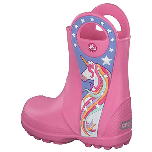 Pink unicorn rain boots for little girls designed by Crocs with easy handles and reinforced toe