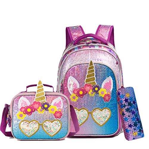 Pink unicorn school backpack with sequins, ears and hearts, for girl 