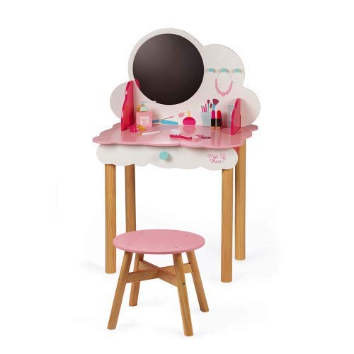 White and pink girl dressing table with large mirror and stool and make-up accessories for young girl