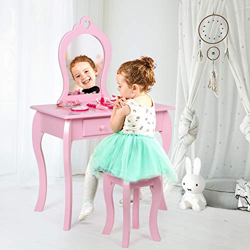 Cute pink wooden dressing table with heart and stool