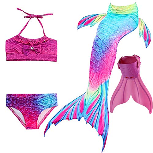 Pink rainbow bikini swimsuit set with ruffles and iridescent mermaid tail for girl sold with monopalms