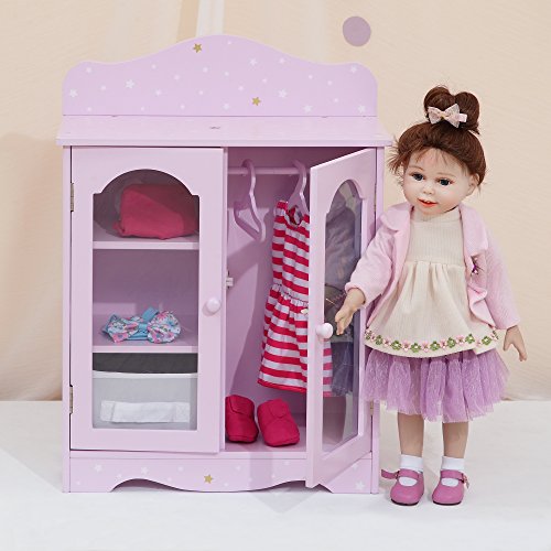 Purple wooden wardrobe for doll's clothes, 51 cm high