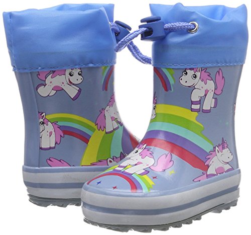 Blue rain boots with unicorn and rainbow print for girly girls with slip-on closure by Beck