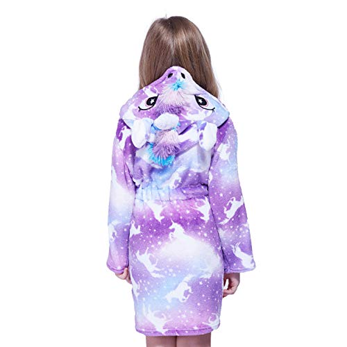 Rainbow-coloured unicorn bathrobe for girls with 3D horn and mane for a girly fantasy look 