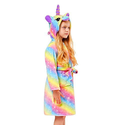 Rainbow coloured unicorn bathrobe for girls with 3D horn and mane from 5 to 18 years