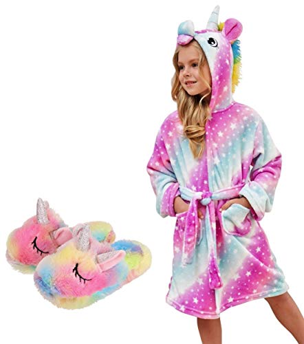 Rainbow galaxy unicorn bathrobe for girls with 3D horn and rainbow mane and matching slippers
