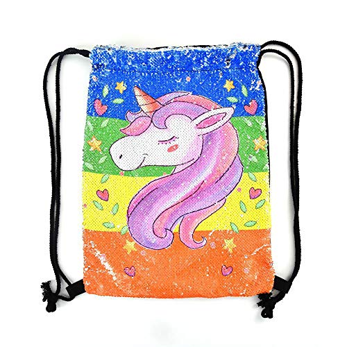 Rainbow reversible sequin drawstring sports or swim bag with unicorn