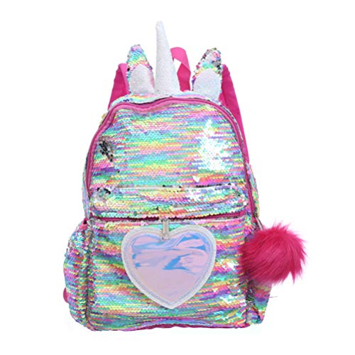 Rainbow unicorn backpack with horn, ears and pompom, for girls 