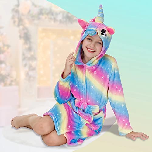 Rainbow unicorn bathrobe for girls in purple with 3D horn and coloured mane