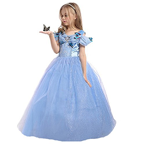 Blue princess dress with butterflies for little girl in Cinderella style