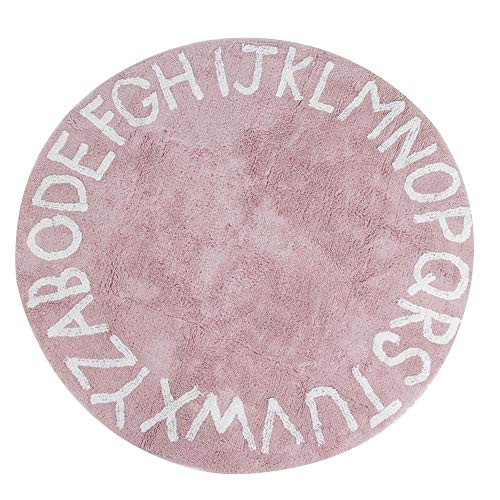 Round pink carpet with white alphabet letters made of cotton