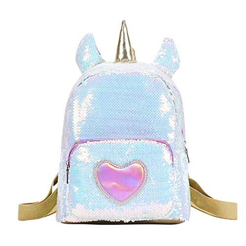 Unicorn backpack in white and pink sequins, ears and heart, for girl 