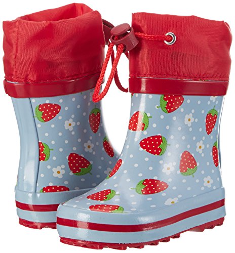 Sky blue and red rain boots with strawberry print for girls with slip on strap