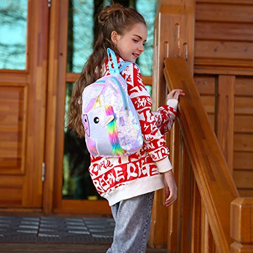 Small unicorn backpack for girls with sequin and rainbow plush mane