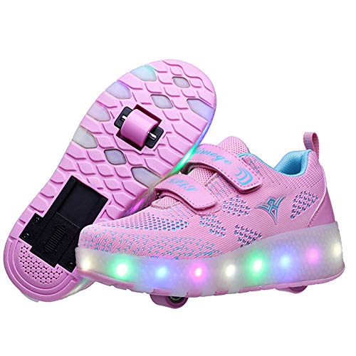White and black, flashing and illuminated LED trainers for girls with double wheels