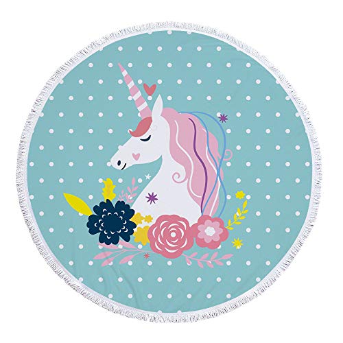 Round and girly beach towel with unicorn portrait and fringed edge