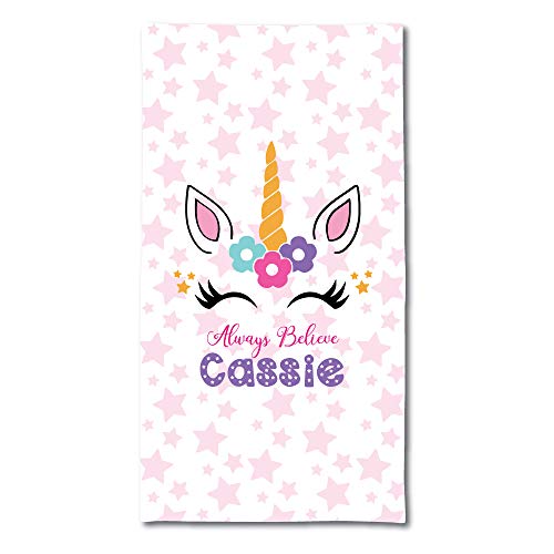 Unicorn towel for little girl in mauve colour in cotton and microfibre, can be personalised with the first name