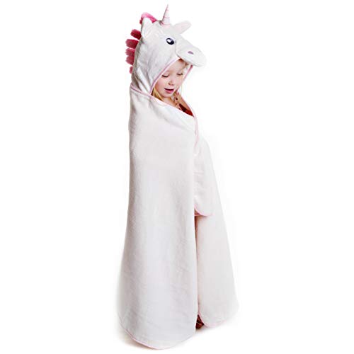 Unicorn and rainbow hooded towel for little girl in white cotton