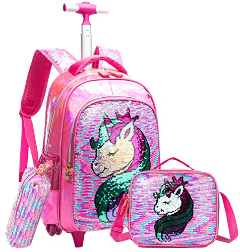 Unicorn school backpack on wheels with pink reversible sequins and matching bags