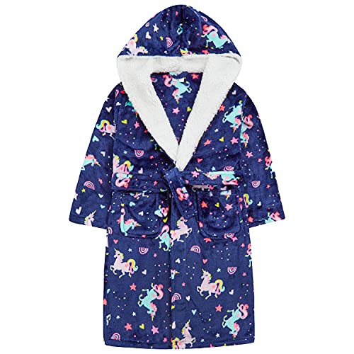 Unicorns and rainbows bathrobe for girls in blue with hood from 2 to 13 years