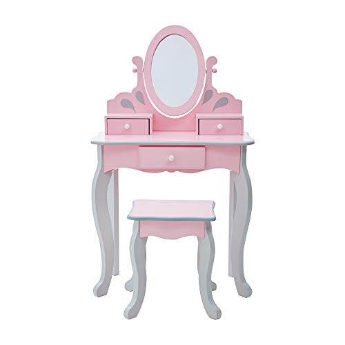 Vanity dressing table in solid pink wood for young girl with stool