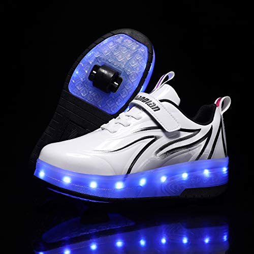 White and black and winged, flashing lights up Led trainers for girls with wheels