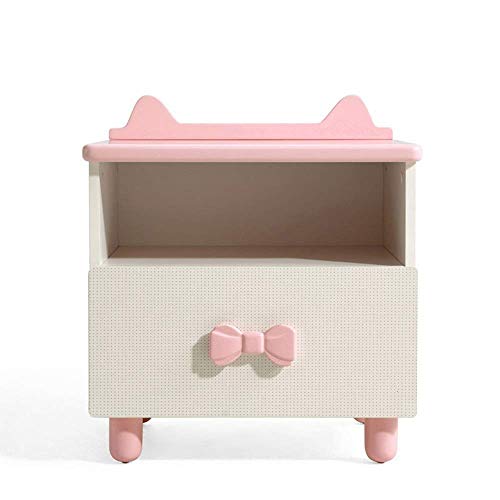 White and pink bedside table with an original cartoon design made of wood