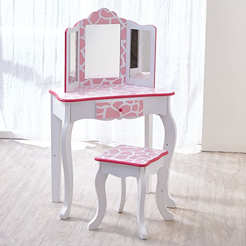 Pink and white patterned dressing table for girl in MDF panels, eco-friendly with triple glass mirror