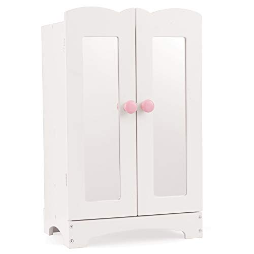 Solid white doll's clothing wardrobe with hangers and mirror Kidkraft